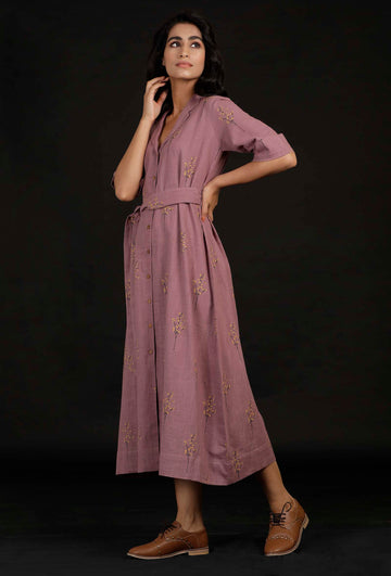 Ahana Violet Block Print Belt Cotton Dress